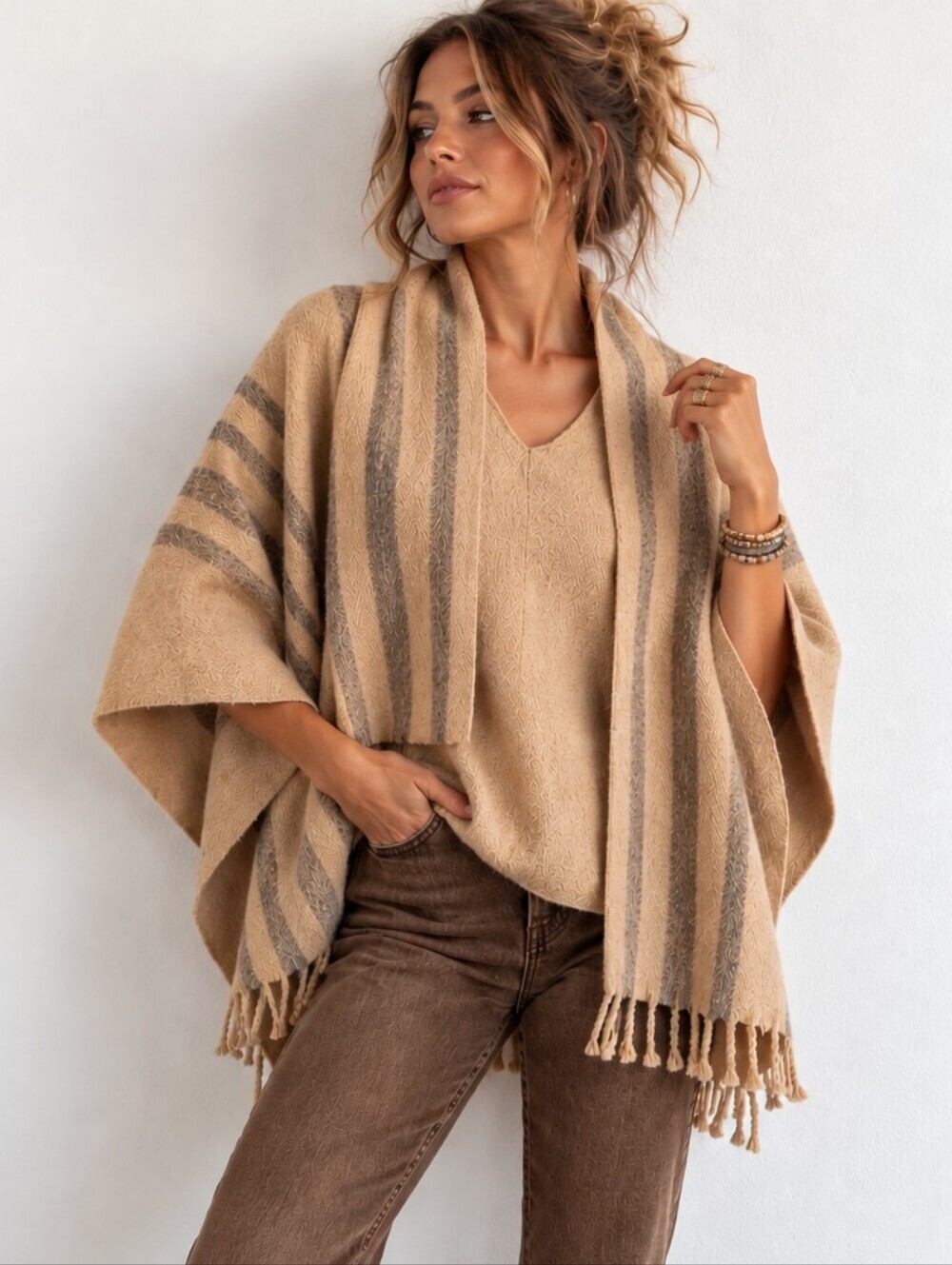 100% WOOL Elegant Beige Striped Women's Shawl